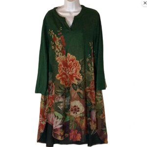 BUYKUD green multicolor floral micro suede hi-low midi dress L NWT
